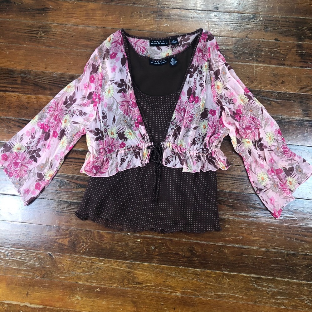 Brown w/ pink polka dot/floral shell blouse - 645